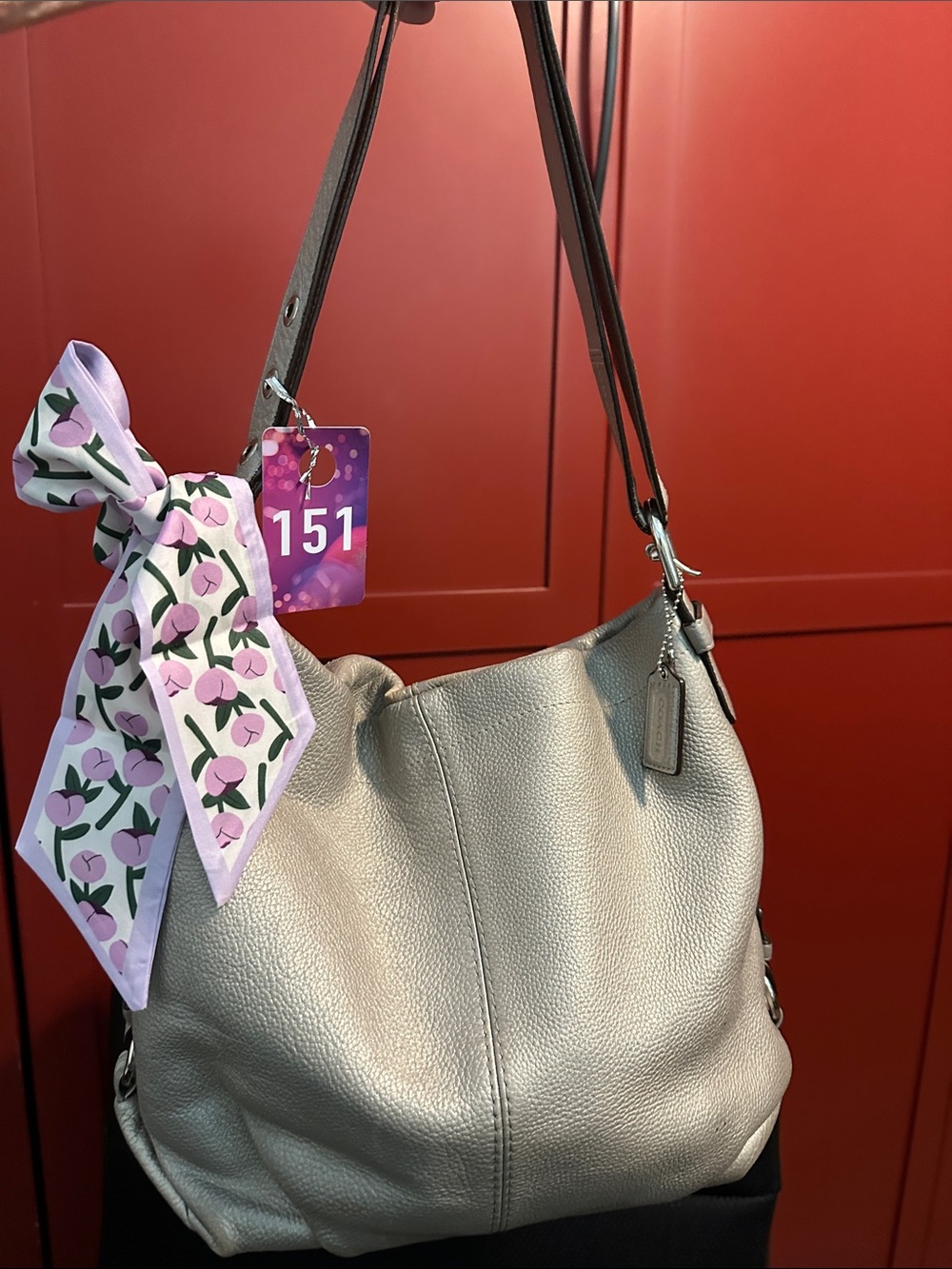 Coach #151 Penelope Metallic Gray Pebbled Leather Shoulder Hobo with Floral Scar